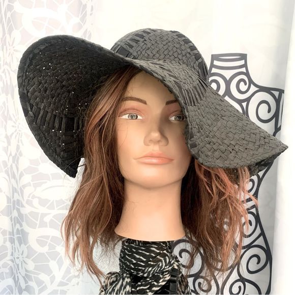 None Accessories - Unbranded Black Woven Floppy Sun Hat Size OS